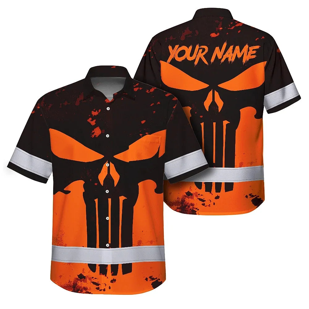 Hi Vis Hawaiian Skull Shirt, Orange Neon Custom Name High Visibility Short Sleeve Button Down Shirt for Workers, Truckers