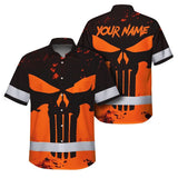 Hi Vis Hawaiian Skull Shirt, Orange Neon Custom Name High Visibility Short Sleeve Button Down Shirt for Workers, Truckers