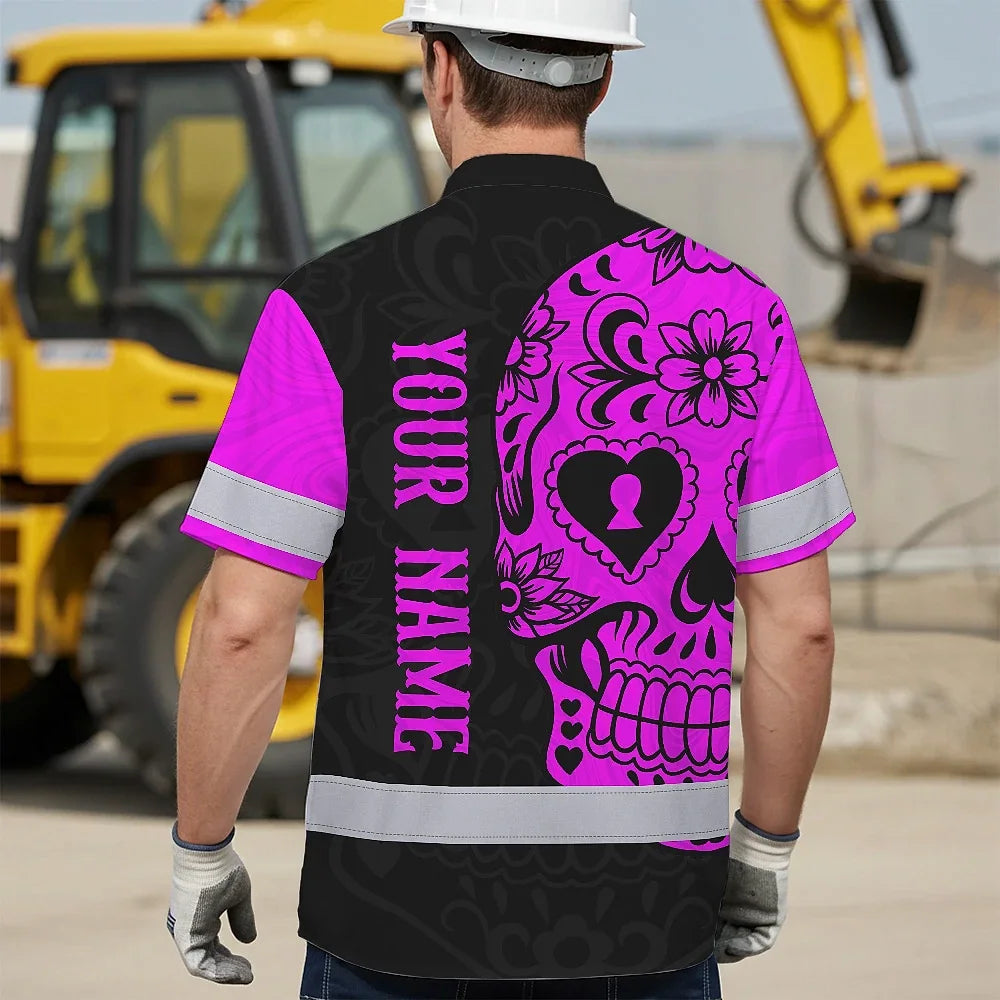 Hi Vis Hawaiian Skull Shirt, Pink Neon Custom Name High Visibility Short Sleeve Button Down Shirt for Workers, Truckers