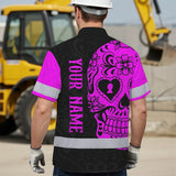 Hi Vis Hawaiian Skull Shirt, Pink Neon Custom Name High Visibility Short Sleeve Button Down Shirt for Workers, Truckers