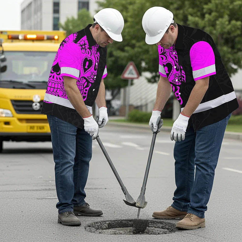 Hi Vis Hawaiian Skull Shirt, Pink Neon Custom Name High Visibility Short Sleeve Button Down Shirt for Workers, Truckers