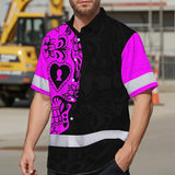 Hi Vis Hawaiian Skull Shirt, Pink Neon Custom Name High Visibility Short Sleeve Button Down Shirt for Workers, Truckers