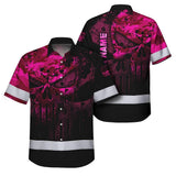 Hi Vis Hawaiian Skull Shirt, Pink Neon Custom Name High Visibility Short Sleeve Button Down Shirt for Workers, Truckers
