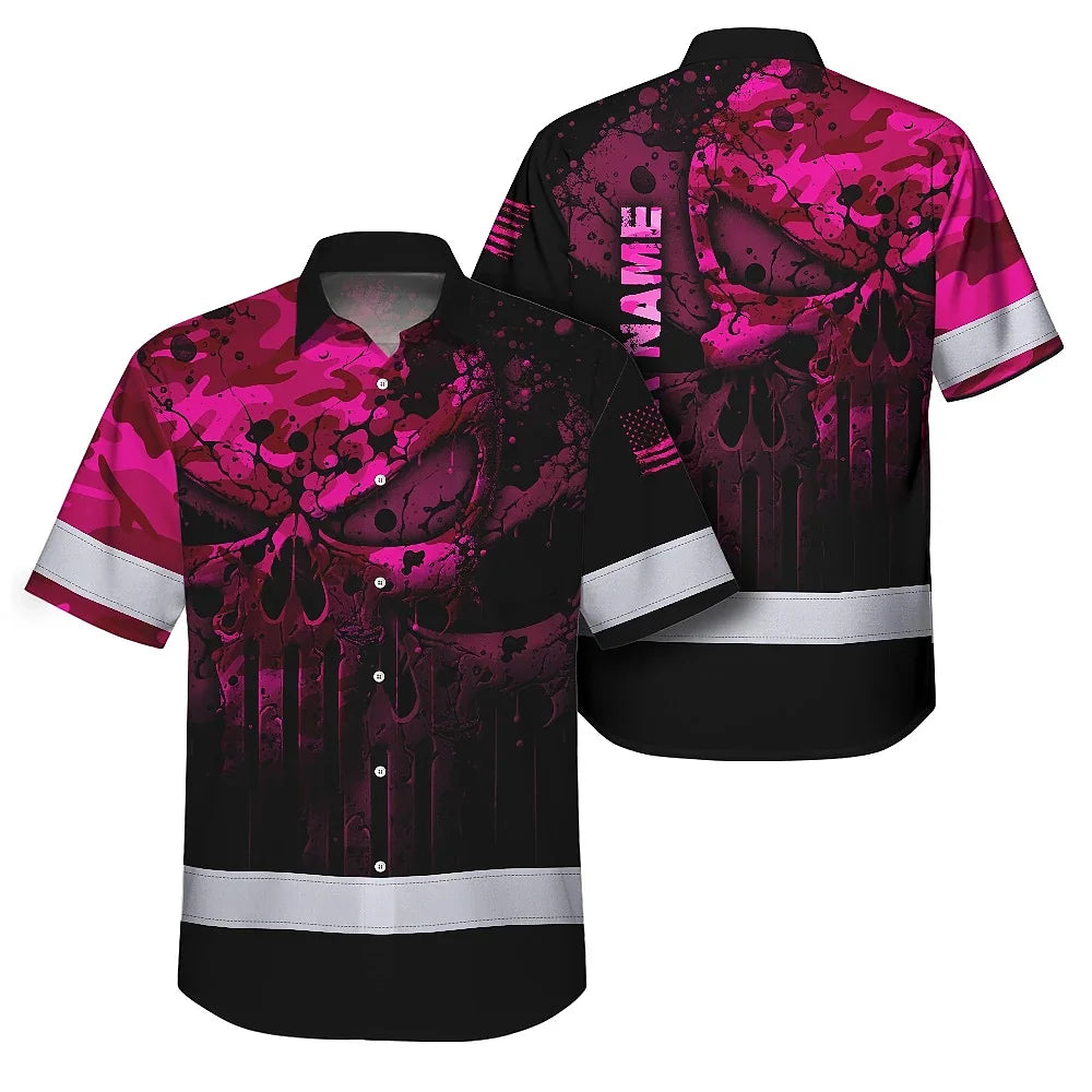 Hi Vis Hawaiian Skull Shirt, Pink Neon Custom Name High Visibility Short Sleeve Button Down Shirt for Workers, Truckers