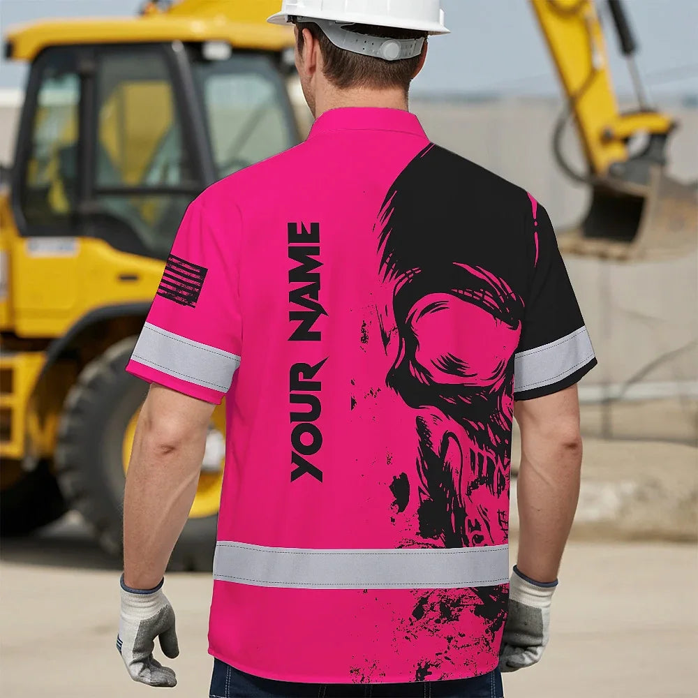 Hi Vis Hawaiian Skull Shirt,Pink Neon Custom Name High Visibility Short Sleeve Button Down Shirt for Workers, Truckers
