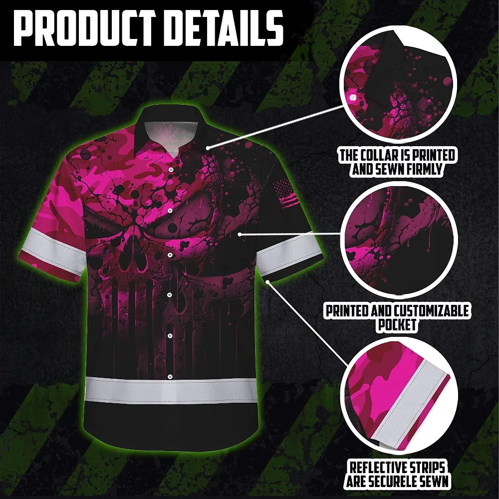 Hi Vis Hawaiian Skull Shirt, Pink Neon Custom Name High Visibility Short Sleeve Button Down Shirt for Workers, Truckers