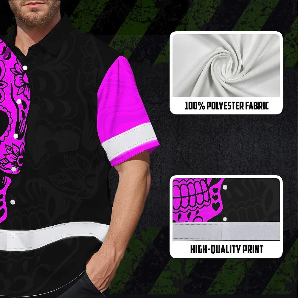 Hi Vis Hawaiian Skull Shirt, Pink Neon Custom Name High Visibility Short Sleeve Button Down Shirt for Workers, Truckers