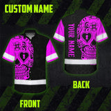Hi Vis Hawaiian Skull Shirt, Pink Neon Custom Name High Visibility Short Sleeve Button Down Shirt for Workers, Truckers