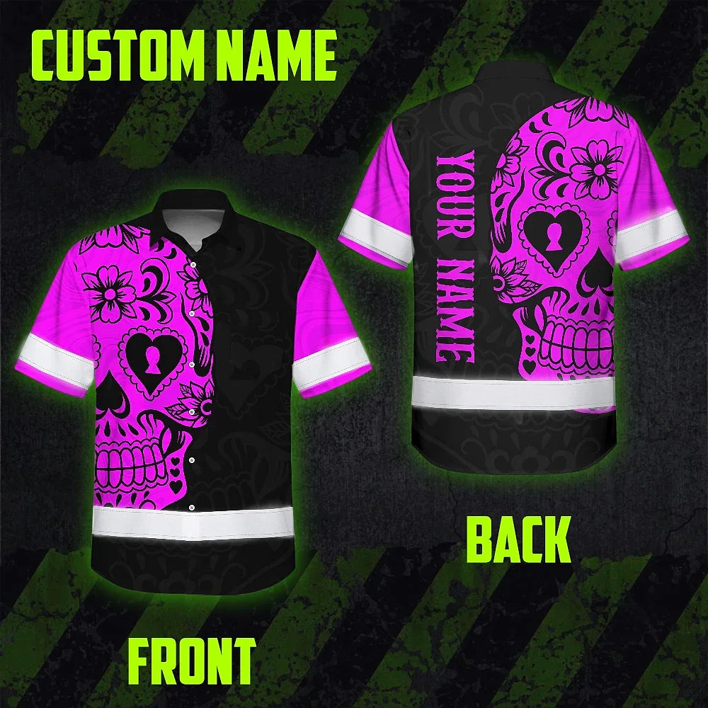 Hi Vis Hawaiian Skull Shirt, Pink Neon Custom Name High Visibility Short Sleeve Button Down Shirt for Workers, Truckers