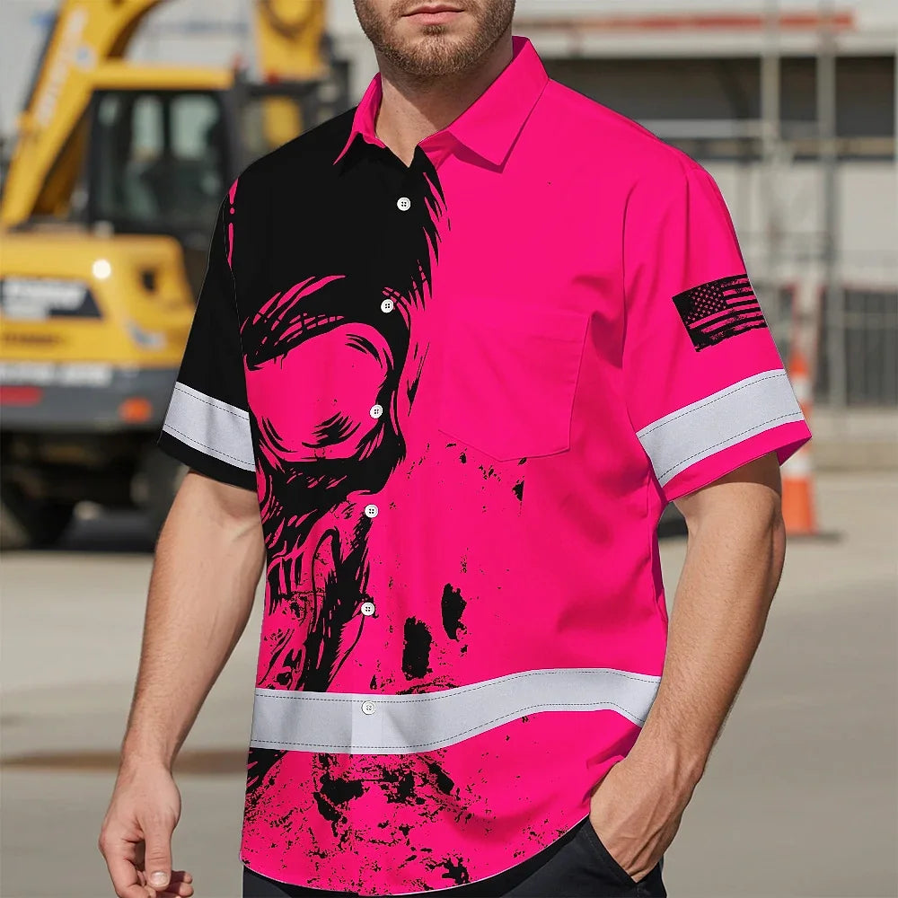 Hi Vis Hawaiian Skull Shirt,Pink Neon Custom Name High Visibility Short Sleeve Button Down Shirt for Workers, Truckers