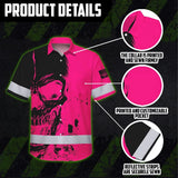 Hi Vis Hawaiian Skull Shirt,Pink Neon Custom Name High Visibility Short Sleeve Button Down Shirt for Workers, Truckers