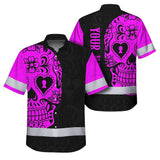 Hi Vis Hawaiian Skull Shirt, Pink Neon Custom Name High Visibility Short Sleeve Button Down Shirt for Workers, Truckers