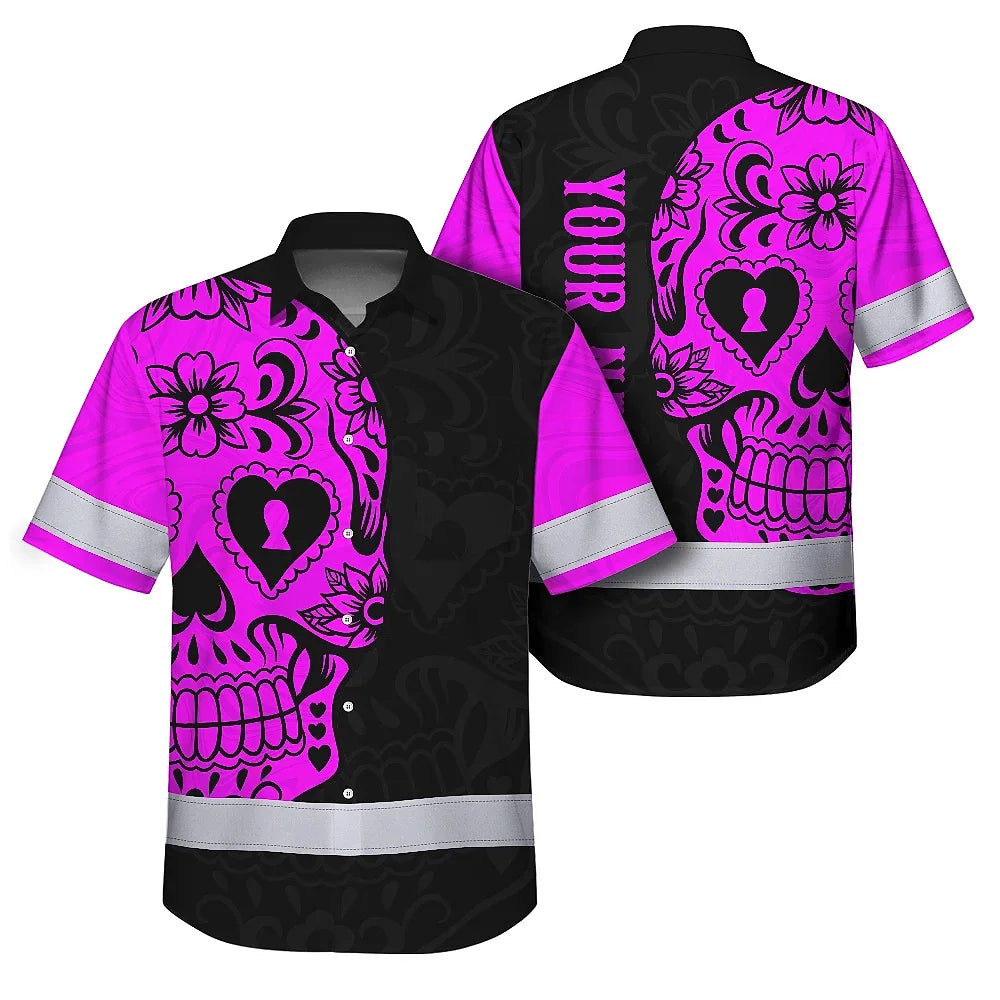 Hi Vis Hawaiian Skull Shirt, Pink Neon Custom Name High Visibility Short Sleeve Button Down Shirt for Workers, Truckers