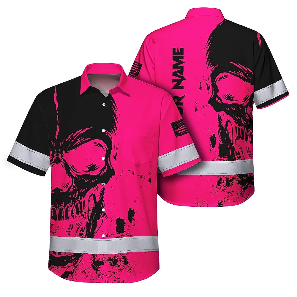 Hi Vis Hawaiian Skull Shirt,Pink Neon Custom Name High Visibility Short Sleeve Button Down Shirt for Workers, Truckers