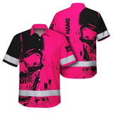 Hi Vis Hawaiian Skull Shirt,Pink Neon Custom Name High Visibility Short Sleeve Button Down Shirt for Workers, Truckers