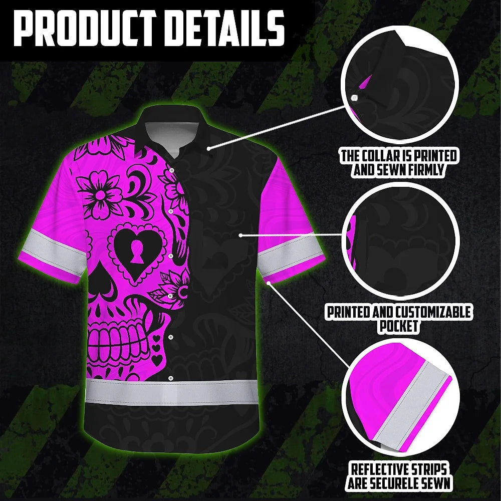Hi Vis Hawaiian Skull Shirt, Pink Neon Custom Name High Visibility Short Sleeve Button Down Shirt for Workers, Truckers