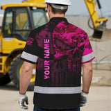 Hi Vis Hawaiian Skull Shirt, Pink Neon Custom Name High Visibility Short Sleeve Button Down Shirt for Workers, Truckers