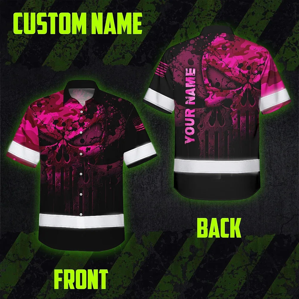 Hi Vis Hawaiian Skull Shirt, Pink Neon Custom Name High Visibility Short Sleeve Button Down Shirt for Workers, Truckers