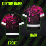 Hi Vis Hawaiian Skull Shirt, Pink Neon Custom Name High Visibility Short Sleeve Button Down Shirt for Workers, Truckers