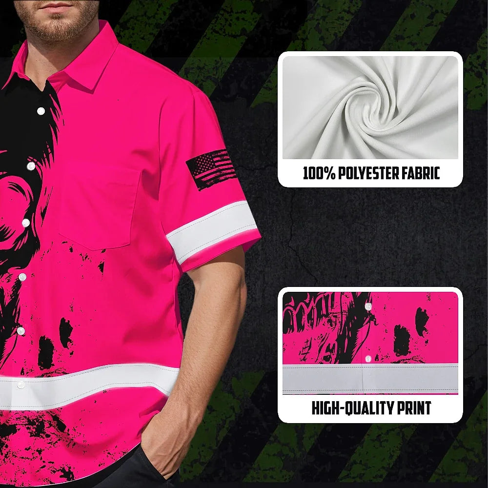 Hi Vis Hawaiian Skull Shirt,Pink Neon Custom Name High Visibility Short Sleeve Button Down Shirt for Workers, Truckers