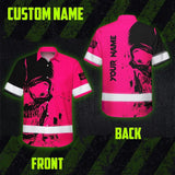 Hi Vis Hawaiian Skull Shirt,Pink Neon Custom Name High Visibility Short Sleeve Button Down Shirt for Workers, Truckers