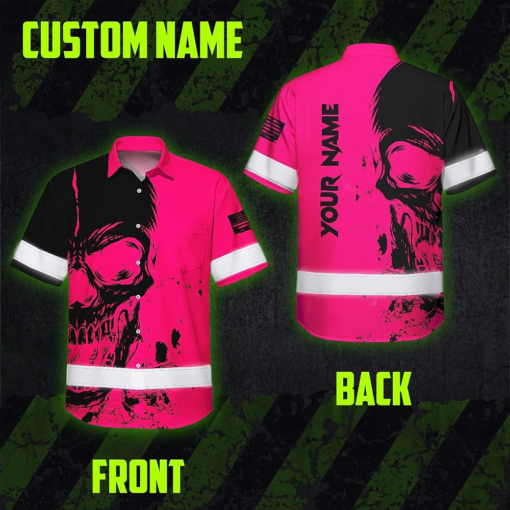 Hi Vis Hawaiian Skull Shirt,Pink Neon Custom Name High Visibility Short Sleeve Button Down Shirt for Workers, Truckers