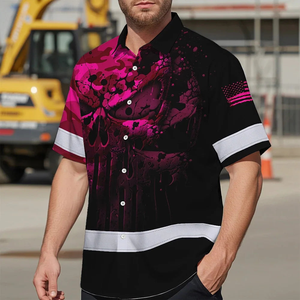 Hi Vis Hawaiian Skull Shirt, Pink Neon Custom Name High Visibility Short Sleeve Button Down Shirt for Workers, Truckers