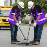 Hi Vis Hawaiian Skull Shirt, Violet Neon Custom Name High Visibility Short Sleeve Button Down Shirt for Workers, Truckers