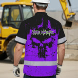 Hi Vis Hawaiian Skull Shirt, Violet Neon Custom Name High Visibility Short Sleeve Button Down Shirt for Workers, Truckers