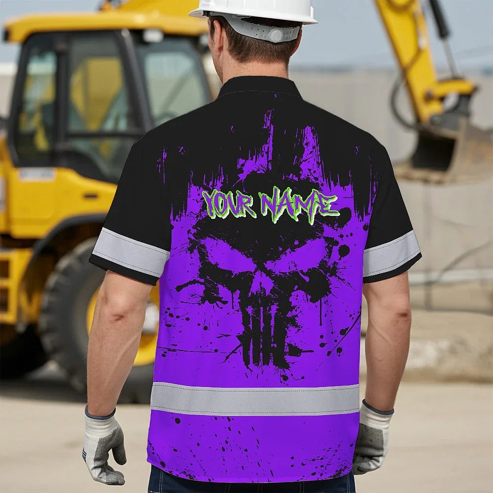 Hi Vis Hawaiian Skull Shirt, Violet Neon Custom Name High Visibility Short Sleeve Button Down Shirt for Workers, Truckers