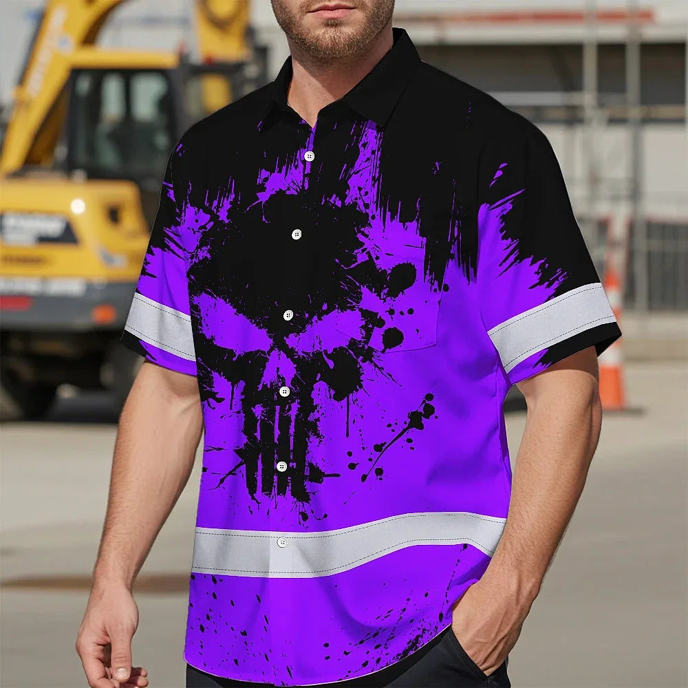 Hi Vis Hawaiian Skull Shirt, Violet Neon Custom Name High Visibility Short Sleeve Button Down Shirt for Workers, Truckers