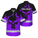 Hi Vis Hawaiian Skull Shirt, Violet Neon Custom Name High Visibility Short Sleeve Button Down Shirt for Workers, Truckers