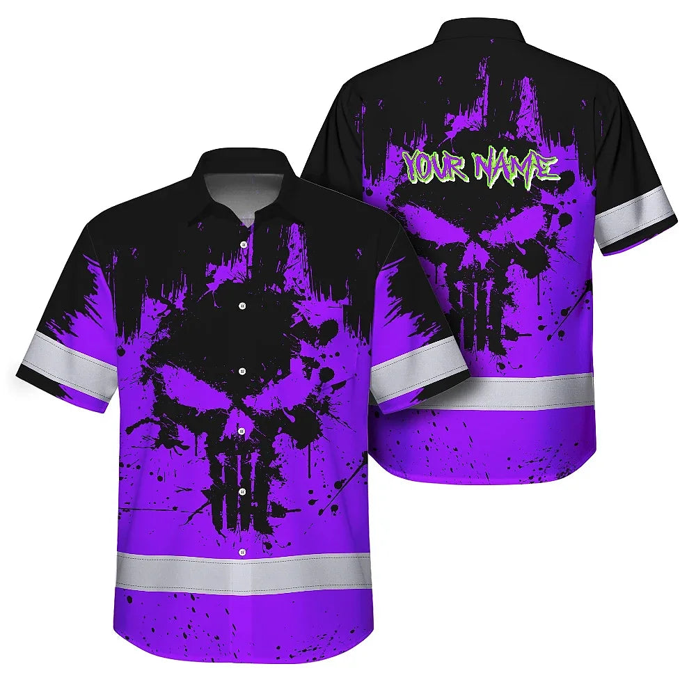 Hi Vis Hawaiian Skull Shirt, Violet Neon Custom Name High Visibility Short Sleeve Button Down Shirt for Workers, Truckers
