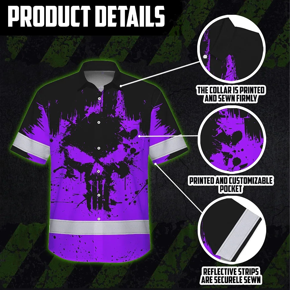 Hi Vis Hawaiian Skull Shirt, Violet Neon Custom Name High Visibility Short Sleeve Button Down Shirt for Workers, Truckers