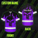 Hi Vis Hawaiian Skull Shirt, Violet Neon Custom Name High Visibility Short Sleeve Button Down Shirt for Workers, Truckers
