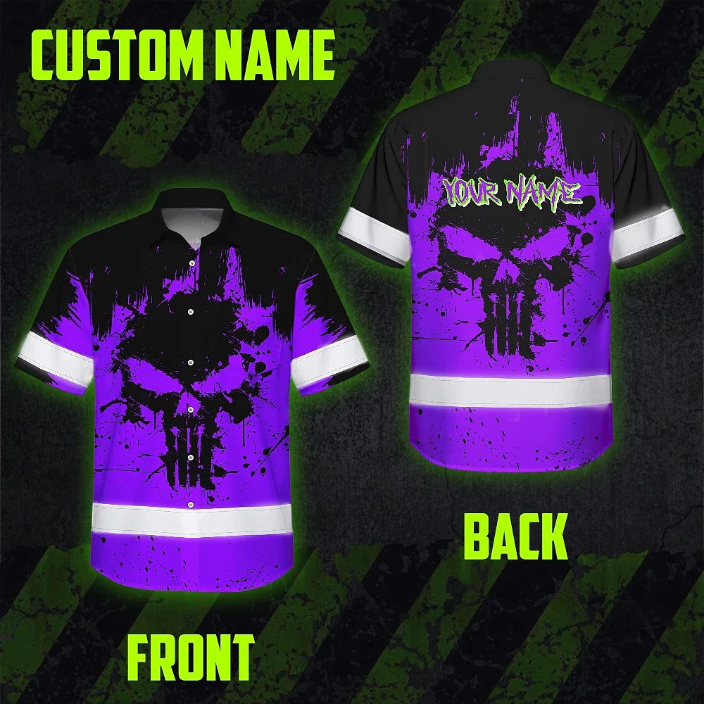 Hi Vis Hawaiian Skull Shirt, Violet Neon Custom Name High Visibility Short Sleeve Button Down Shirt for Workers, Truckers