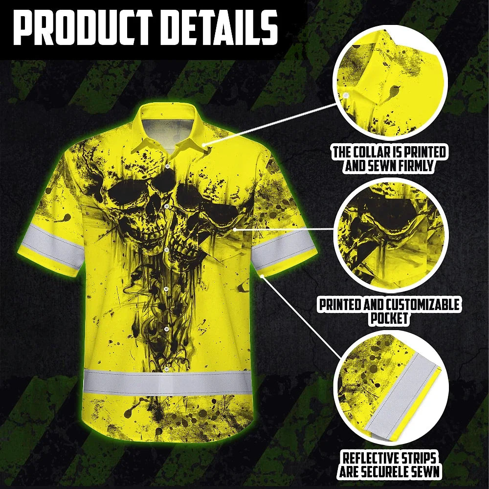 Hi Vis Hawaiian Skull Shirt, Yellow Neon Custom Name High Visibility Short Sleeve Button Down Shirt for Workers, Truckers