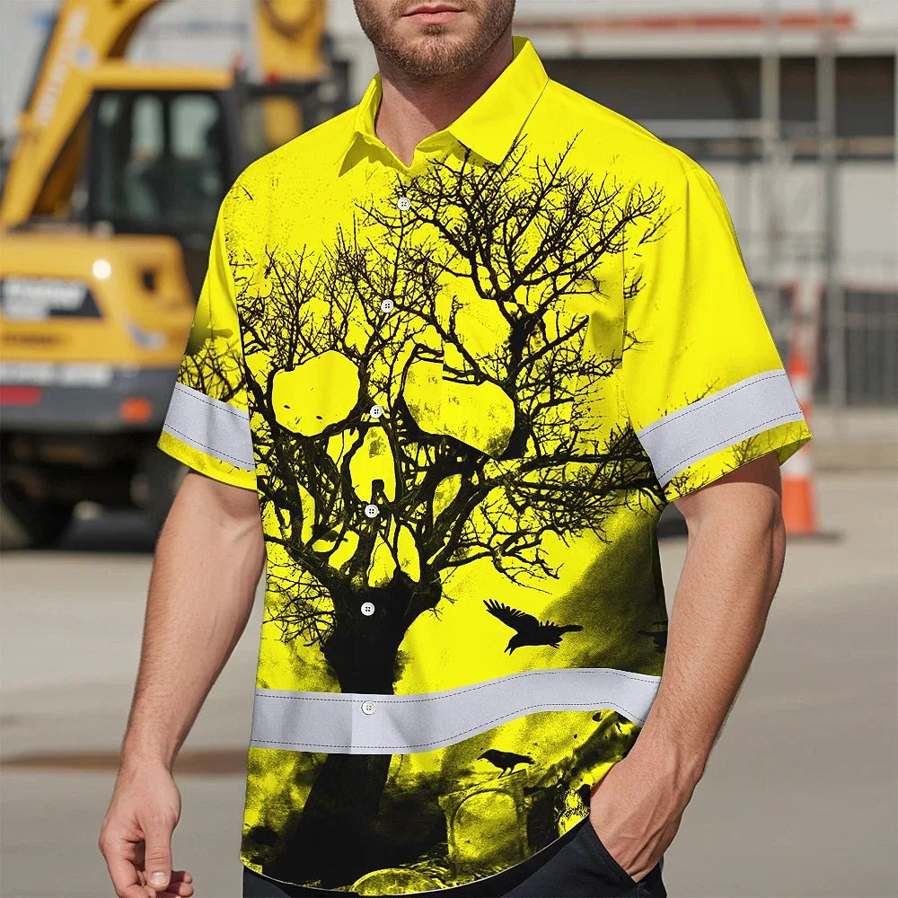 Hi Vis Hawaiian Skull Shirt, Yellow Neon Custom Name High Visibility Short Sleeve Button Down Shirt for Workers, Truckers