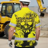 Hi Vis Hawaiian Skull Shirt, Yellow Neon Custom Name High Visibility Short Sleeve Button Down Shirt for Workers, Truckers