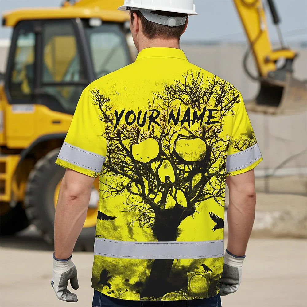 Hi Vis Hawaiian Skull Shirt, Yellow Neon Custom Name High Visibility Short Sleeve Button Down Shirt for Workers, Truckers