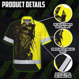 Hi Vis Hawaiian Skull Shirt, Yellow Neon Custom Name High Visibility Short Sleeve Button Down Shirt for Workers, Truckers