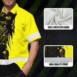Hi Vis Hawaiian Skull Shirt, Yellow Neon Custom Name High Visibility Short Sleeve Button Down Shirt for Workers, Truckers