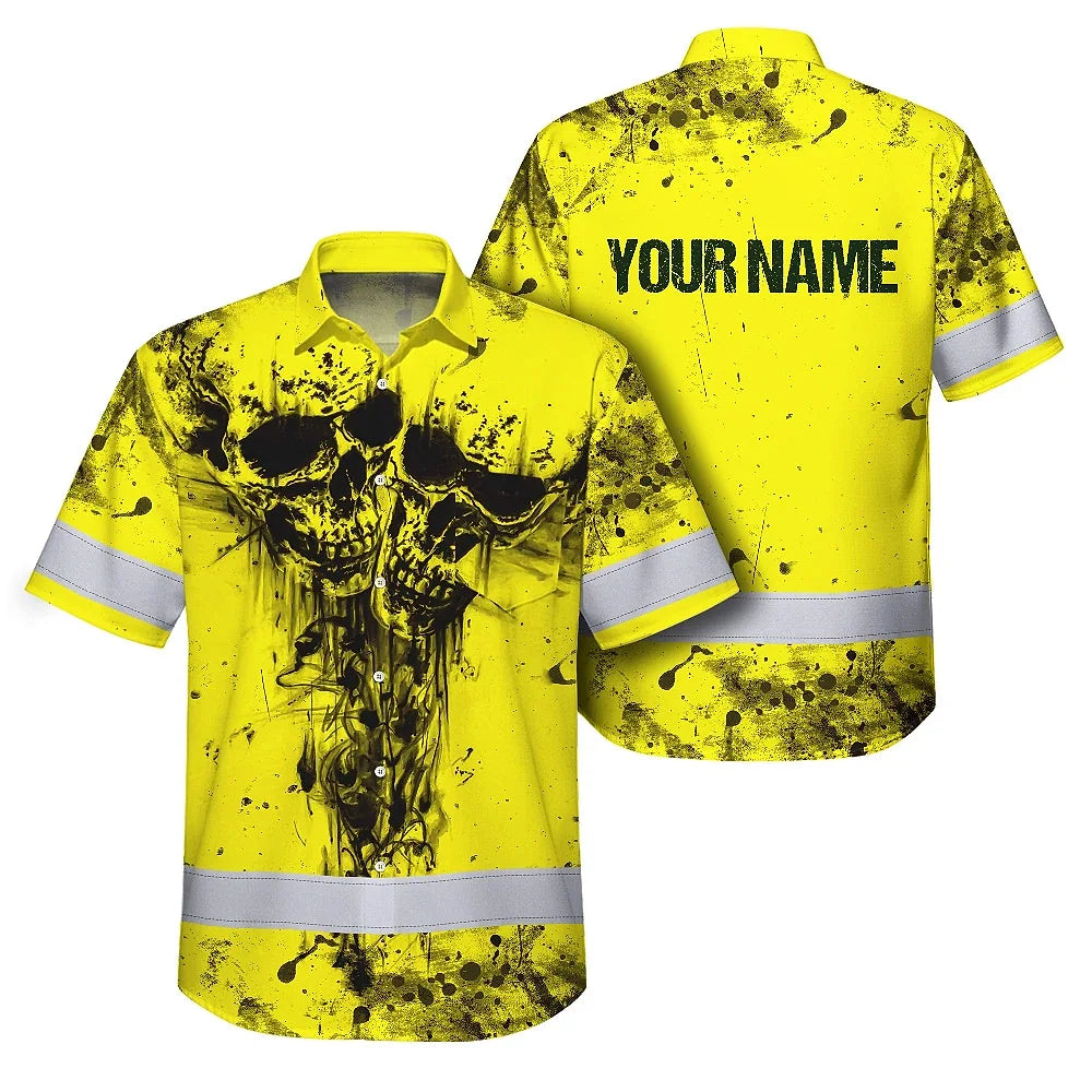 Hi Vis Hawaiian Skull Shirt, Yellow Neon Custom Name High Visibility Short Sleeve Button Down Shirt for Workers, Truckers