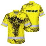 Hi Vis Hawaiian Skull Shirt, Yellow Neon Custom Name High Visibility Short Sleeve Button Down Shirt for Workers, Truckers