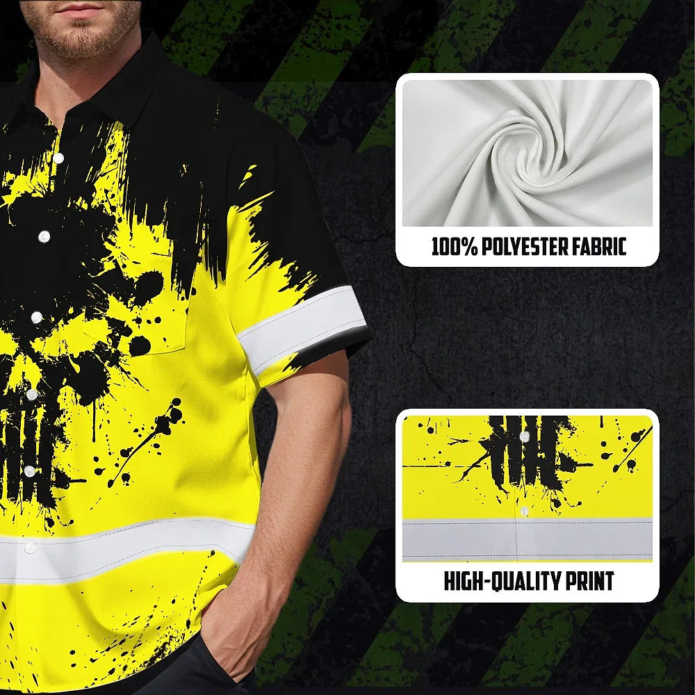 Hi Vis Hawaiian Skull Shirt, Yellow Neon Custom Name High Visibility Short Sleeve Button Down Shirt for Workers, Truckers