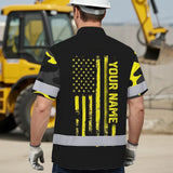 Hi Vis Hawaiian Skull Shirt, Yellow Neon Custom Name High Visibility Short Sleeve Button Down Shirt for Workers, Truckers