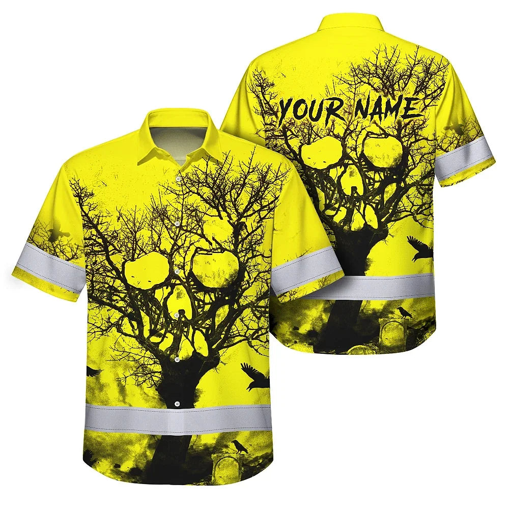 Hi Vis Hawaiian Skull Shirt, Yellow Neon Custom Name High Visibility Short Sleeve Button Down Shirt for Workers, Truckers