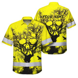 Hi Vis Hawaiian Skull Shirt, Yellow Neon Custom Name High Visibility Short Sleeve Button Down Shirt for Workers, Truckers