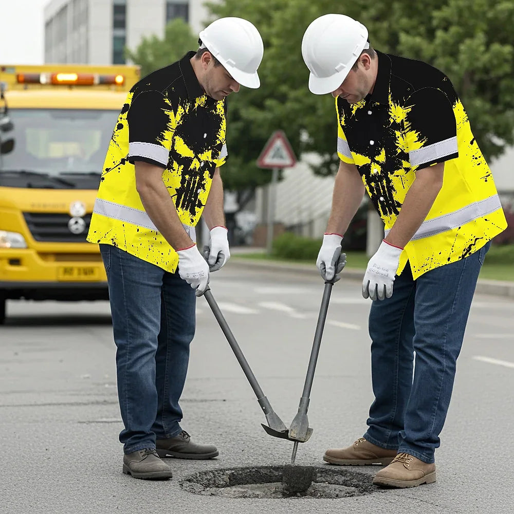 Hi Vis Hawaiian Skull Shirt, Yellow Neon Custom Name High Visibility Short Sleeve Button Down Shirt for Workers, Truckers