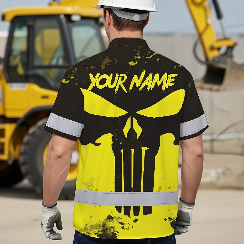 Hi Vis Hawaiian Skull Shirt, Yellow Neon Custom Name High Visibility Short Sleeve Button Down Shirt for Workers, Truckers